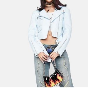 - Azalea Wang Blue Faux Leather Moto Jacket